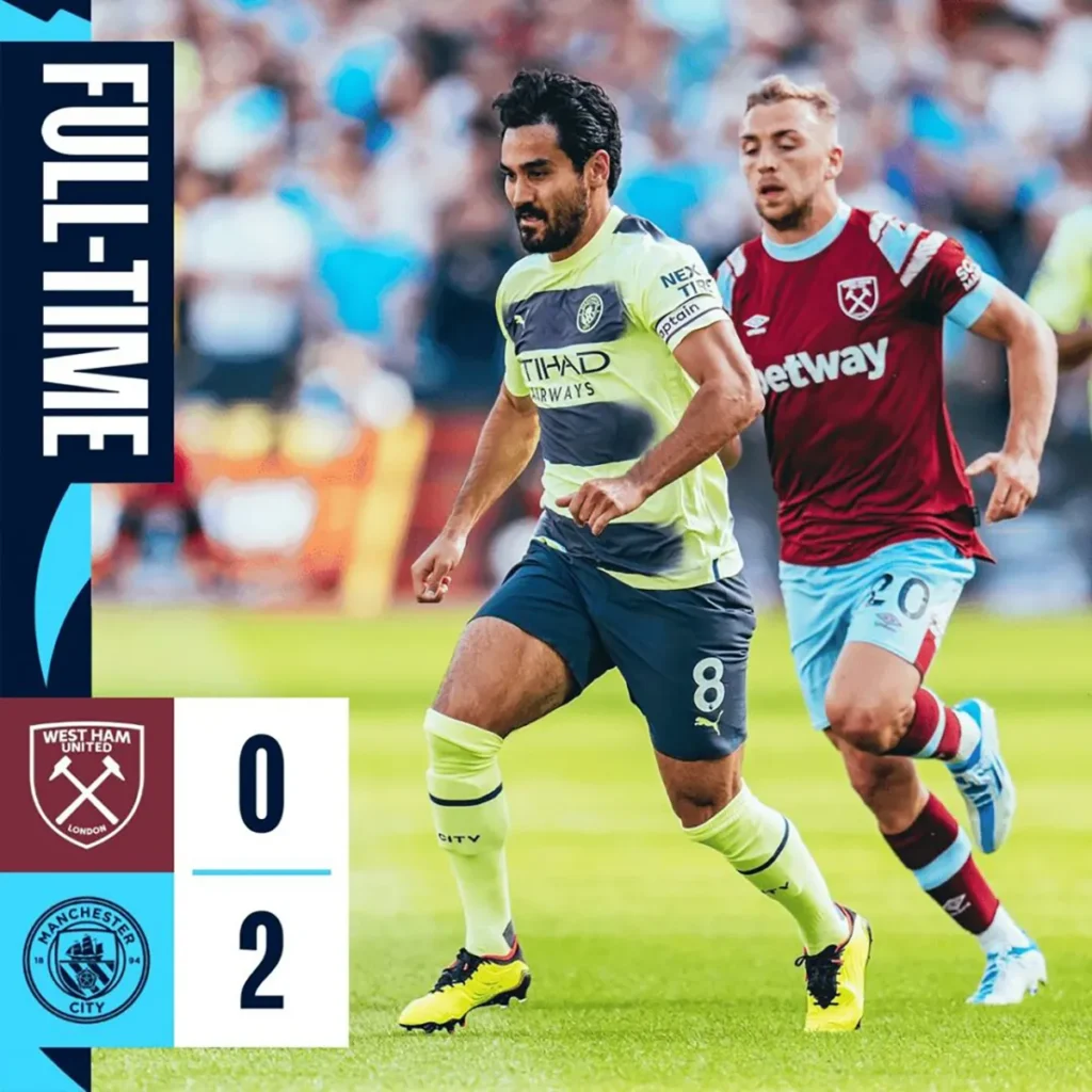 Full-time scoreline between Manchester City and West Ham United in the Premier League 2022/23 season