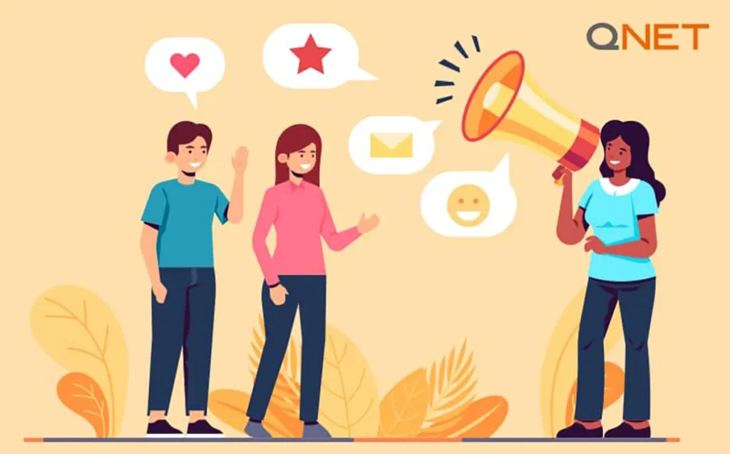 A vector image of a woman holding a loudspeaker in her hand and doing referal marketing as a direct seller to attract prospects